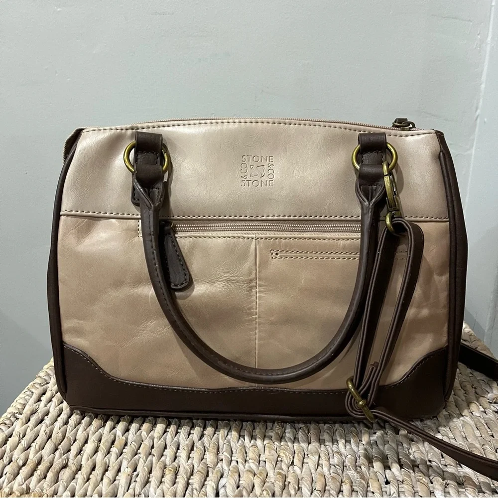NEW Stone & Co. Megan Satchel Tan/Brown Leather Crossbody Purse 2 Toned 12x4.5x9